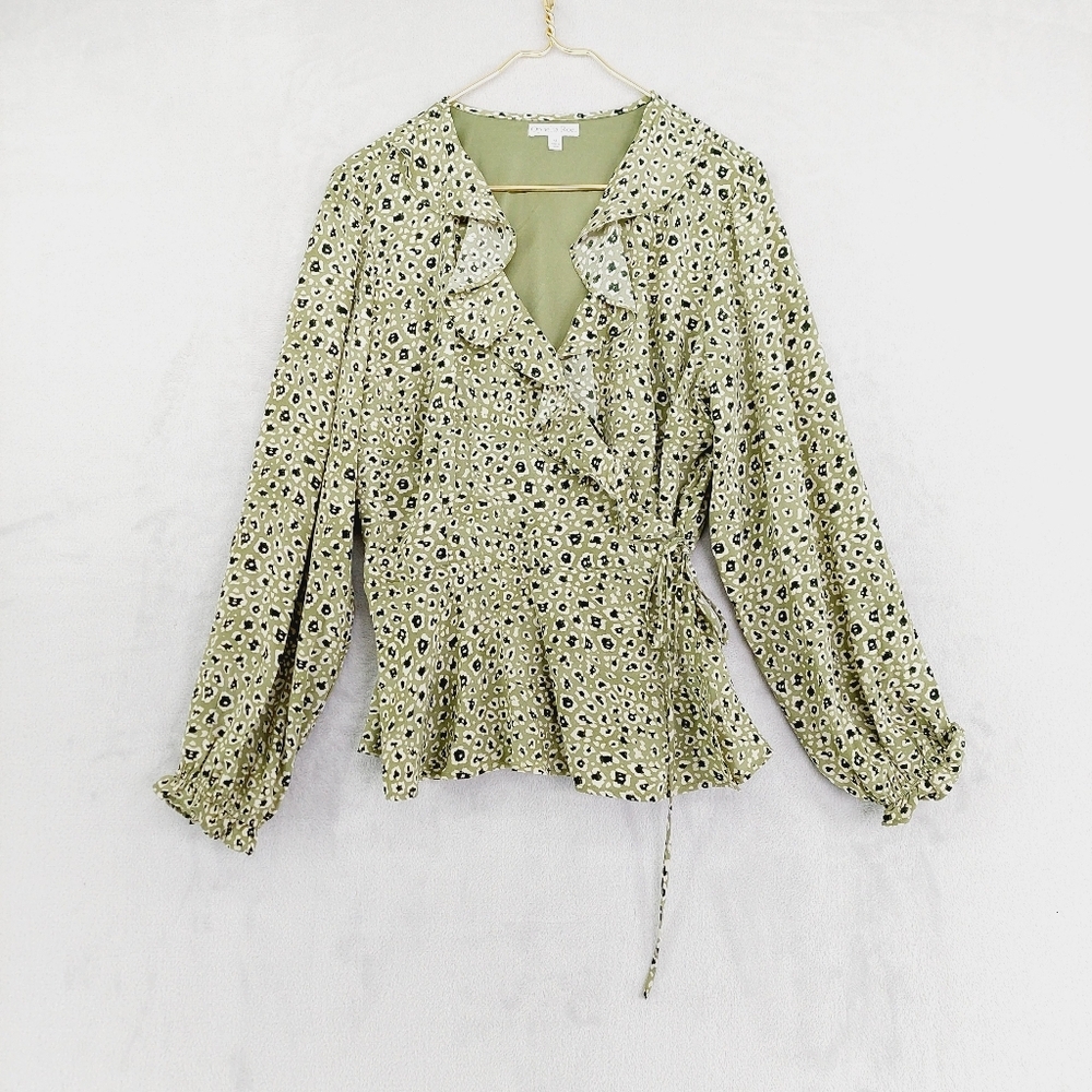 Ophelia Roe Women's Tan Green Floral Wrap Summer Long Sleeve Ruffle Blouse P6457
